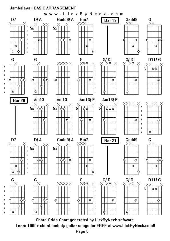 Chord Grids Chart of chord melody fingerstyle guitar song-Jambalaya - BASIC ARRANGEMENT,generated by LickByNeck software.